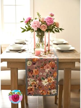 Sur La Table -Runner, Pink Floral with Grey Edge- 16"×108"- EUC $70 Retail